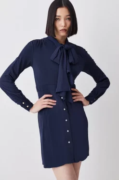 Budget ⭐ Karen Millen Button Through Pussy Bow Georgette Jersey 👗 Dress 😉 -Karen Millen Outlet store womens black button through pussy bow georgette jersey dress 1