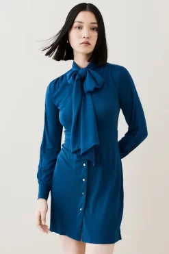 Budget ⭐ Karen Millen Button Through Pussy Bow Georgette Jersey 👗 Dress 😉 -Karen Millen Outlet store womens black button through pussy bow georgette jersey dress