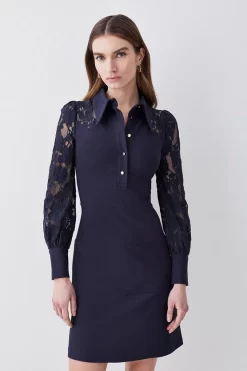 Buy 😍 Karen Millen Collared Lace Sleeve Jersey Mini 👗 Dress ⌛ -Karen Millen Outlet store womens black collared lace sleeve jersey mini dress