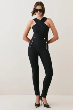 Coupon 🛒 Karen Millen Cross Halter Bandage Knit Jumpsuit 🛒 -Karen Millen Outlet store womens black cross halter bandage knit jumpsuit