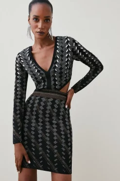 Buy 👍 Karen Millen Cutout Embellished Geo Jacquard Knit Mini 👗 Dress - black 🤩 -Karen Millen Outlet store womens black cutout embellished geo jacquard knit mini dress