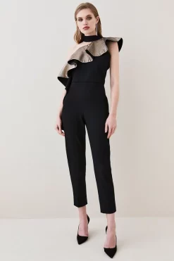 Hot Sale 🌟 Karen Millen Gold Jacquard Ruffle Structured Crepe Jumpsuit - black 🔔 13 Hot Sale 🌟 Karen Millen Gold Jacquard Ruffle Structured Crepe Jumpsuit - black 🔔 -Karen Millen Outlet store womens black gold jacquard ruffle structured crepe jumpsuit