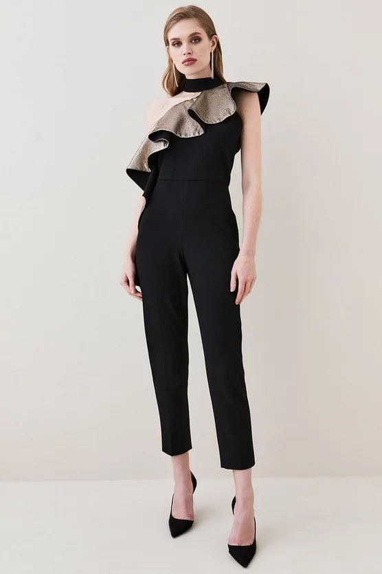 Hot Sale 🌟 Karen Millen Gold Jacquard Ruffle Structured Crepe Jumpsuit - black 🔔 8 Hot Sale 🌟 Karen Millen Gold Jacquard Ruffle Structured Crepe Jumpsuit - black 🔔 - Image 6