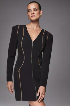 Best Sale 👍 Karen Millen Gold Trim Zip Front Mini 👗 Dress - black 🤩 -Karen Millen Outlet store womens black gold trim zip front mini dress