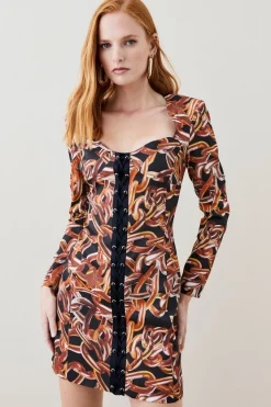 Top 10 😍 Karen Millen Italian Stretch Chain Print Mini 👗 Dress - black ⭐ -Karen Millen Outlet store womens black italian stretch chain print mini dress