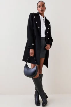 Top 10 💯 Karen Millen Italian Virgin Wool Military Button Midi 🧥 Coat - black 🧨 -Karen Millen Outlet store womens black italian virgin wool military button midi coat