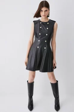 Best Pirce ⭐ Karen Millen Leather Military Button Flippy Mini 👗 Dress ✔️ -Karen Millen Outlet store womens black leather military button flippy mini dress 1