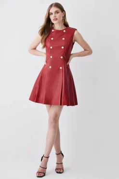 Best Pirce ⭐ Karen Millen Leather Military Button Flippy Mini 👗 Dress ✔️ -Karen Millen Outlet store womens black leather military button flippy mini dress