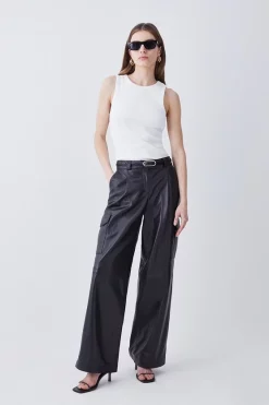 New 👍 Karen Millen Leather Wide Leg Cargo Trouser ✔️ -Karen Millen Outlet store womens black leather wide leg cargo trouser