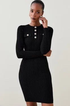 Best Sale ⭐ Karen Millen Military Trim Cable Knit Mini 👗 Dress 🔥 -Karen Millen Outlet store womens black military trim cable knit mini dress 1 1
