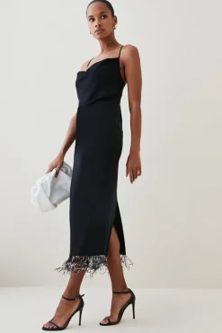 Brand new ⭐ Karen Millen Mono Feather Hem Cowl Neck Cami Midaxi 👗 Dress - black 🤩 -Karen Millen Outlet store womens black mono feather hem cowl neck cami midaxi dress