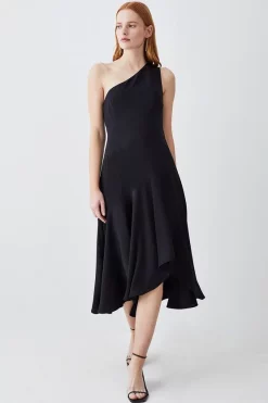 Budget ⌛ Karen Millen One Shoulder Soft Tailored High Low Midi 👗 Dress ❤️ -Karen Millen Outlet store womens black one shoulder soft tailored high low midi dress 1 2