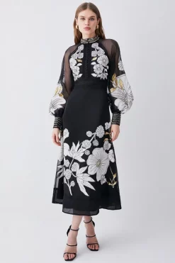 Cheap 👍 Karen Millen Organdie Applique Buttoned Woven Midi 👗 Dress - black 🥰 -Karen Millen Outlet store womens black organdie applique buttoned woven midi dress