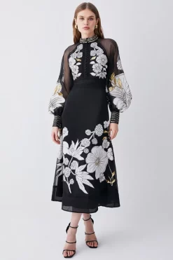 Cheap ✔️ Karen Millen Petite Organdie Applique Buttoned Woven Midi 👗 Dress - black 🤩 -Karen Millen Outlet store womens black petite organdie applique buttoned woven midi dress