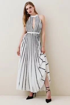 Brand new ⌛ Karen Millen Pleat Lace Insert Drama Woven Halter Maxi 💯 -Karen Millen Outlet store womens black pleat lace insert drama woven halter maxi