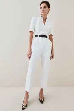 Deals 🔥 Karen Millen Structured Crepe Forever Belted Jumpsuit 🎉 -Karen Millen Outlet store womens black structured crepe forever belted jumpsuit 1