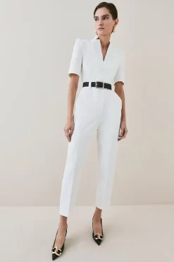 Deals 🔥 Karen Millen Structured Crepe Forever Belted Jumpsuit 🎉 -Karen Millen Outlet store womens black structured crepe forever belted jumpsuit