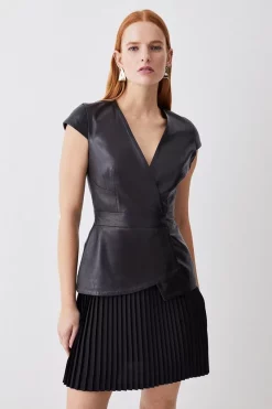 Cheap 👏 Karen Millen Tall Leather Pleat 👗 Skirt Mini 👗 Dress - black ✔️ -Karen Millen Outlet store womens black tall leather pleat skirt mini dress