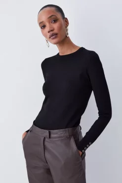 Best Sale 👍 Karen Millen Viscose Blend Knitted Crew Neck Jumper ✨ -Karen Millen Outlet store womens black viscose blend knitted crew neck jumper 1