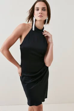 Deals 💯 Karen Millen Viscose Satin Back Crepe Diamante Back Halter Mini 👗 Dress 😉 -Karen Millen Outlet store womens black viscose satin back crepe diamante back halter mini dress
