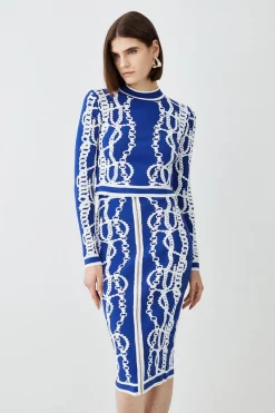 Discount 👍 Karen Millen Chain Jacquard Knit Midi 👗 Skirt - blue 😀 -Karen Millen Outlet store womens blue chain jacquard knit midi skirt