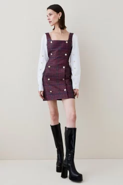 New 🧨 Karen Millen Check Cotton Sleeve Double Breasted Mini 👗 Dress 🌟 -Karen Millen Outlet store womens blue check cotton sleeve double breasted mini dress