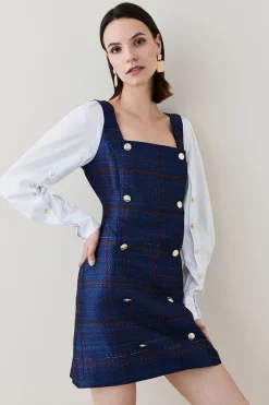 New 🧨 Karen Millen Check Cotton Sleeve Double Breasted Mini 👗 Dress 🌟 -Karen Millen Outlet store womens blue check cotton sleeve double breasted mini dress 1 1