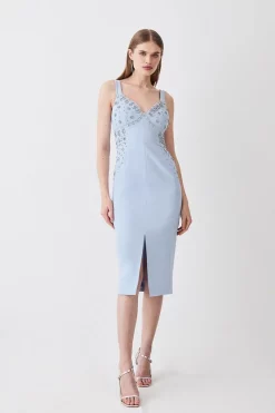 Buy 🔔 Karen Millen Embellished Stretch Woven Midi 👗 Dress 🔔 -Karen Millen Outlet store womens blue embellished stretch woven midi dress 1