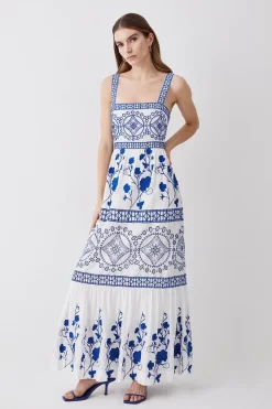Outlet ⌛ Karen Millen Floral & Geo Embroidered Woven Midaxi ⭐ -Karen Millen Outlet store womens blue floral geo embroidered woven midaxi 1 1