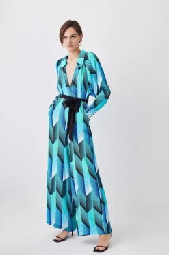 Wholesale 🔔 Karen Millen Geo Print Belted Woven Jumpsuit - blue 😍 -Karen Millen Outlet store womens blue geo print belted woven jumpsuit