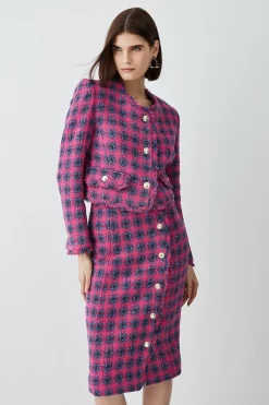 Deals ✔️ Karen Millen Italian Check Boucle Tailored Collarless Jacket 👍 -Karen Millen Outlet store womens blue italian check boucle tailored collarless jacket