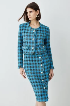 Deals ✔️ Karen Millen Italian Check Boucle Tailored Collarless Jacket 👍 -Karen Millen Outlet store womens blue italian check boucle tailored collarless jacket 1 1