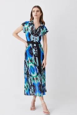 Coupon 🌟 Karen Millen Mirrored Kaleidoscope Pleated Midi 👕 Shirt 👗 Dress - blue ✔️ -Karen Millen Outlet store womens blue mirrored kaleidoscope pleated midi shirt dress