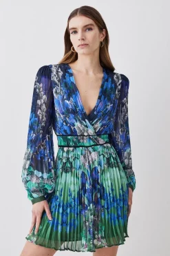 Coupon 🛒 Karen Millen Mirrored Ombre Floral Pleat Drama Woven Mini 👗 Dress - blue 🤩 -Karen Millen Outlet store womens blue mirrored ombre floral pleat drama woven mini dress