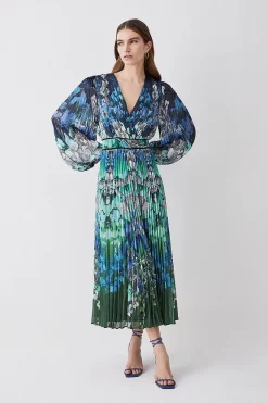 Cheap ✔️ Karen Millen Petite Mirrored Ombre Floral Pleat Drama Woven Midi 👗 Dress - blue ⭐ -Karen Millen Outlet store womens blue petite mirrored ombre floral pleat drama woven midi dress