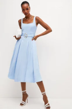 Hot Sale 🛒 Karen Millen Premium Polished Linen Belted Pleat Midi 👗 Dress ❤️ 12 Hot Sale 🛒 Karen Millen Premium Polished Linen Belted Pleat Midi 👗 Dress ❤️ -Karen Millen Outlet store womens blue premium polished linen belted pleat midi dress
