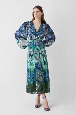 Budget 💯 Karen Millen Tall Mirrored Ombre Floral Pleat Drama Woven Midi 👗 Dress - blue ⌛ -Karen Millen Outlet store womens blue tall mirrored ombre floral pleat drama woven midi dress