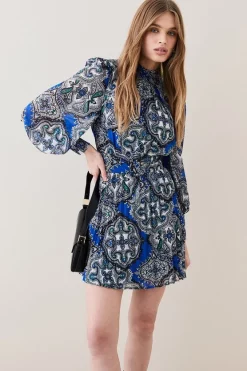 Discount 🥰 Karen Millen Tile Print Georgette Pleated Woven Mini 👗 Dress - blue 💯 -Karen Millen Outlet store womens blue tile print georgette pleated woven mini dress
