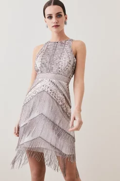 Budget 🎁 Karen Millen Petite Embellished Halter Fringed Mini 👗 Dress - blush ⭐ -Karen Millen Outlet store womens blush petite embellished halter fringed mini dress