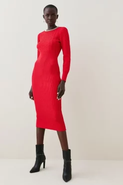 Cheapest 🎉 Karen Millen Chain Detail Cable Stitch Knitted Midi 👗 Dress 🎉 -Karen Millen Outlet store womens camel chain detail cable stitch knitted midi dress 1