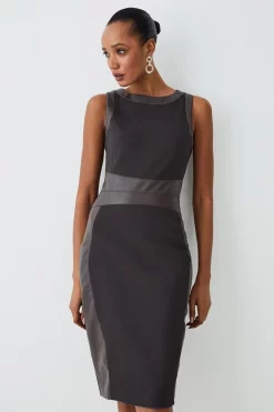 Best deal 🔔 Karen Millen Ponte And Faux Leather Pencil Midi 👗 Dress 🛒 -Karen Millen Outlet store womens chocolate ponte and faux leather pencil midi dress 1