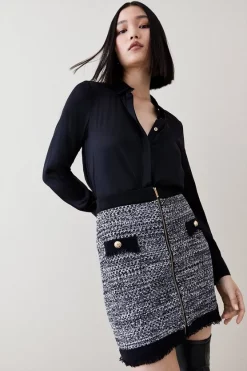 Best deal ⌛ Karen Millen Tweed Knitted Fringe Zip Mini 👗 Skirt ❤️ -Karen Millen Outlet store womens cobalt tweed knitted fringe zip mini skirt