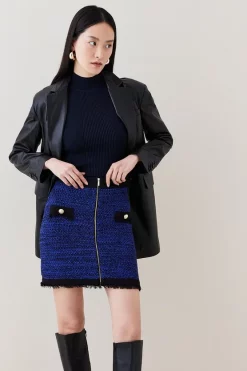 Best deal ⌛ Karen Millen Tweed Knitted Fringe Zip Mini 👗 Skirt ❤️ -Karen Millen Outlet store womens cobalt tweed knitted fringe zip mini skirt 1 1