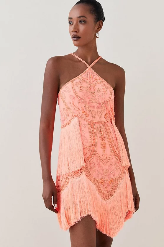 Buy ⭐ Karen Millen Fringed Beaded Halter Mini 👗 Dress 🥰 8 Buy ⭐ Karen Millen Fringed Beaded Halter Mini 👗 Dress 🥰 - Image 6