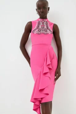 Budget ✨ Karen Millen Embellished Ruffle Figure Form Crepe Midi 👗 Dress ⌛ -Karen Millen Outlet store womens cream embellished ruffle figure form crepe midi dress 1