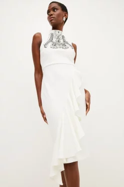 Budget ✨ Karen Millen Embellished Ruffle Figure Form Crepe Midi 👗 Dress ⌛ -Karen Millen Outlet store womens cream embellished ruffle figure form crepe midi dress
