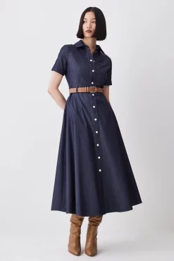 Budget 🥰 Karen Millen Tailored Denim Belted Midi 👕 Shirt 👗 Dress - denim-blue 💯 -Karen Millen Outlet store womens denim blue tailored denim belted midi shirt dress