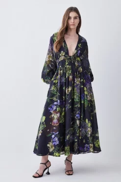 Coupon 🛒 Karen Millen Silk Cotton Botanical Floral Woven Maxi 👗 Dress 🛒 -Karen Millen Outlet store womens floral silk cotton botanical floral woven maxi dress