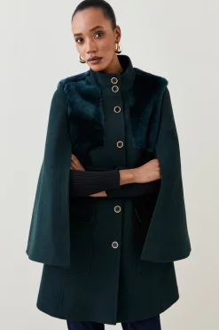 Wholesale 🎉 Karen Millen Italian Wool Shearling Mix Belted Cape - forest ⌛ -Karen Millen Outlet store womens forest italian wool shearling mix belted cape