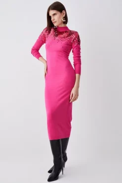 Hot Sale 💯 Karen Millen Sequin Knit Pencil 👗 Dress - fuchsia 🧨 -Karen Millen Outlet store womens fuchsia sequin knit pencil dress